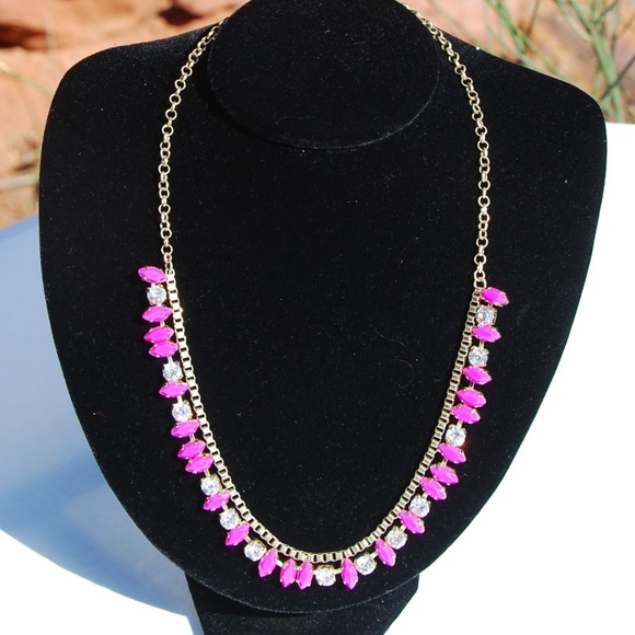 J. Crew Adj Length Rhinestone & Pink Gem Necklace
